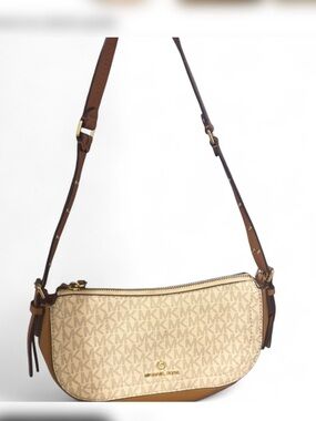 Michael Kors Cream Signature Monogram Crossbody with Brown Trim